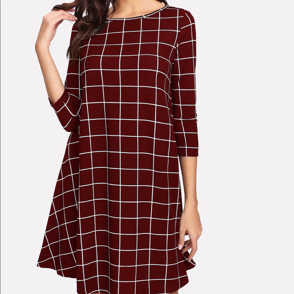 2 Left! Burgundy Windowpane Swing Dress - Picture 2 of 6